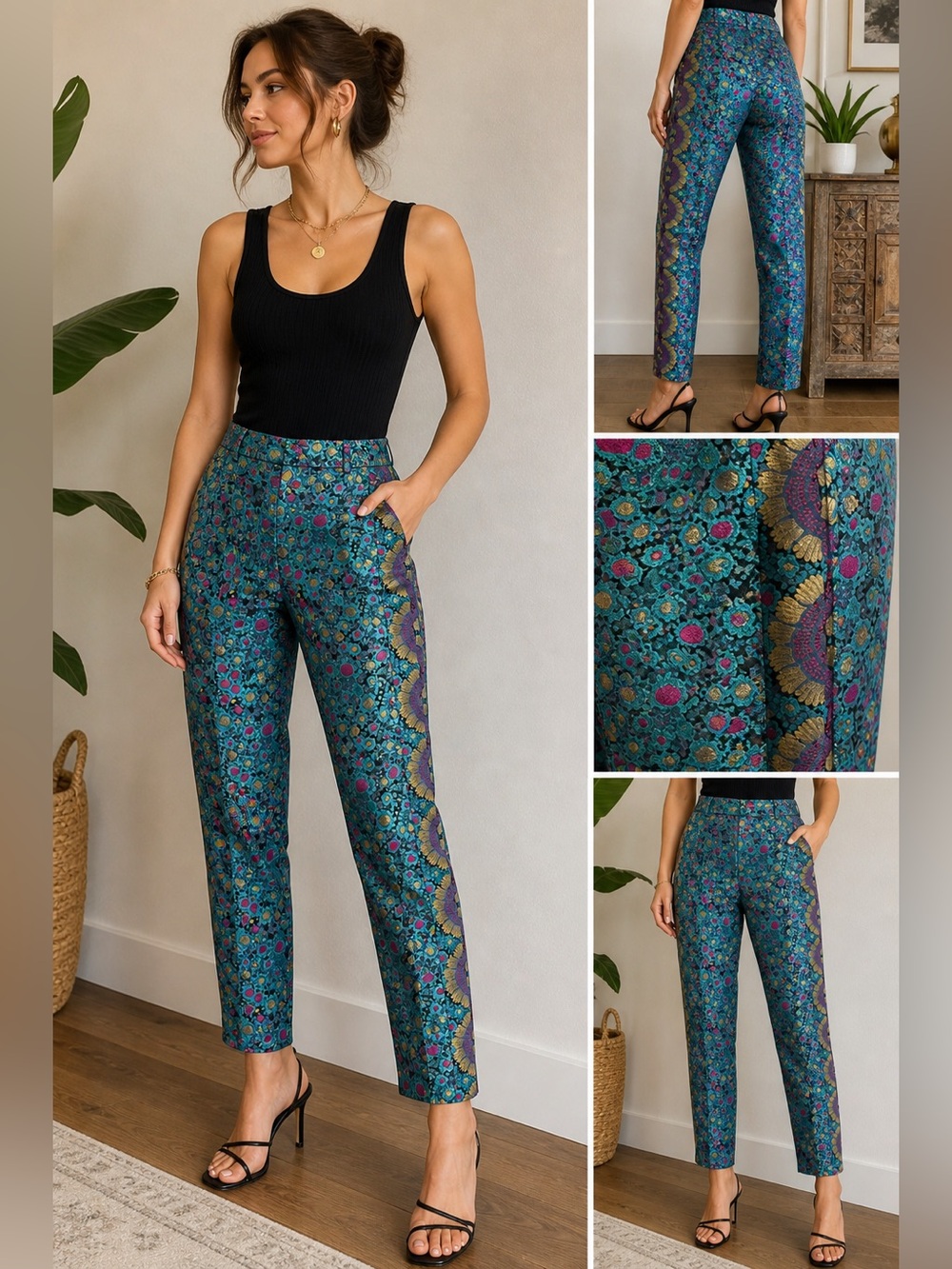 Anthropologie Essential Slim Jacquard Floral Pants Size 4 Statement Trousers